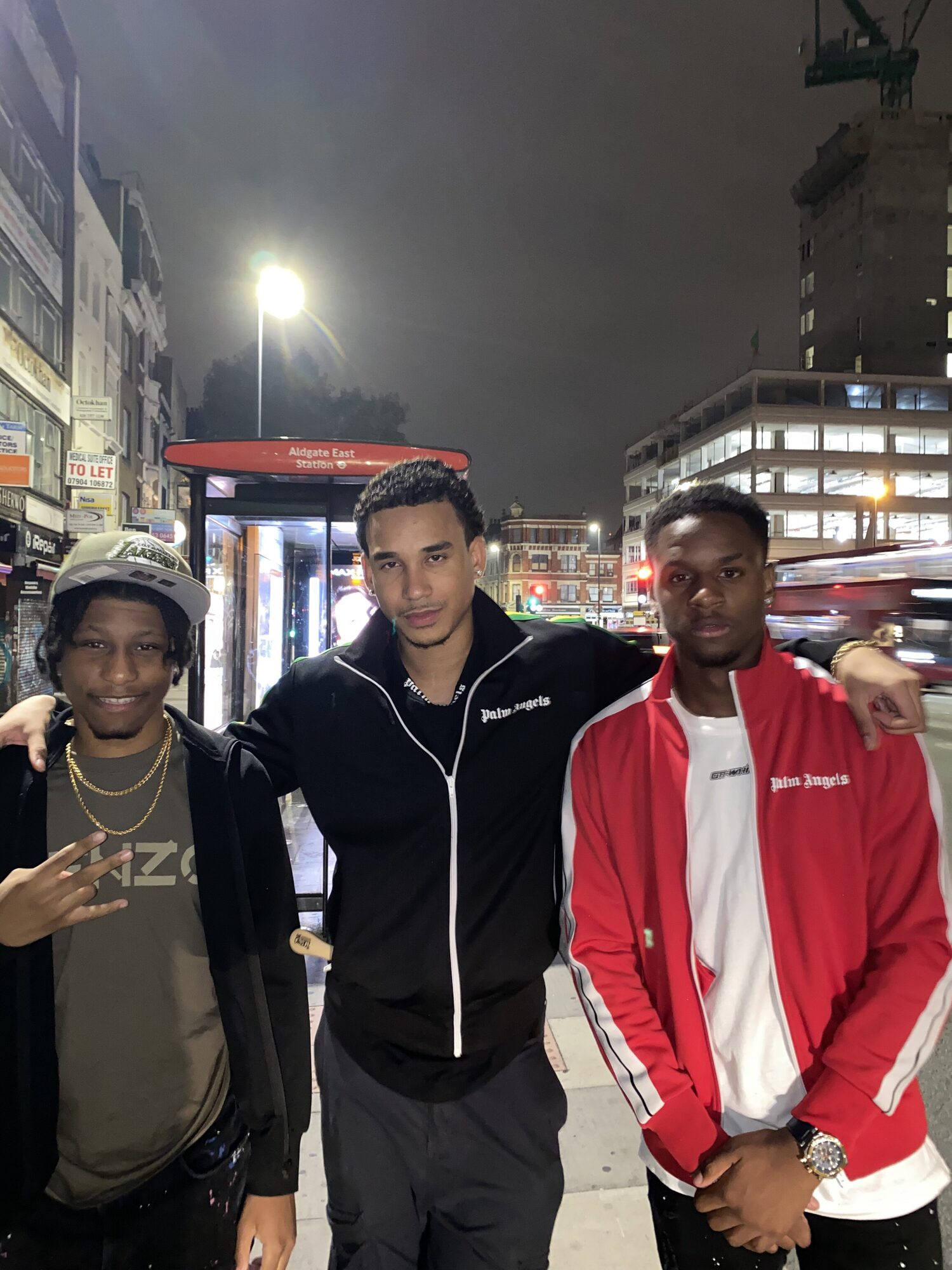 Joshua Arthur (JJDREAMSS) · London — JJ, J1 and Migs outside a bus stop in East London, clearly the tail end of a night out